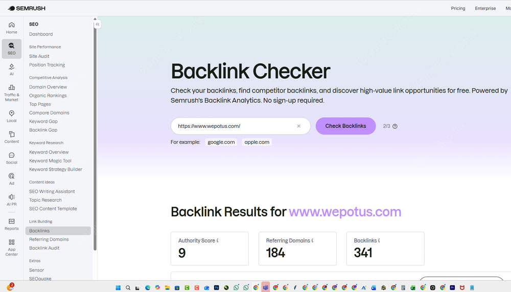 cek backlink web dengan semrush